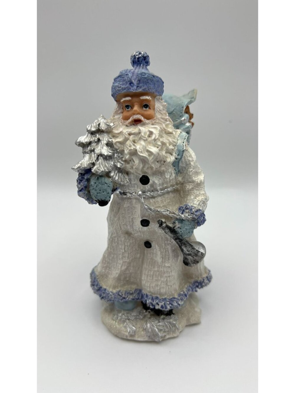 Vintage Santa Claus Figurine With Blue Hat & Sack White Robe With Glitter Accent